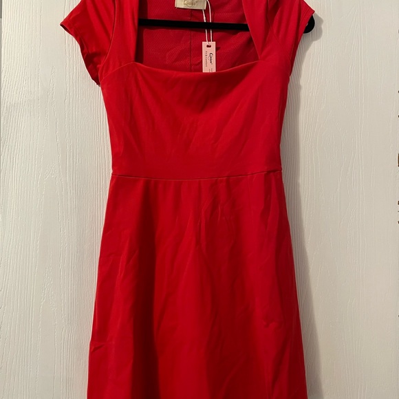 Red Fit and Flare Mini Dress with Square Neck - Picture 6 of 6